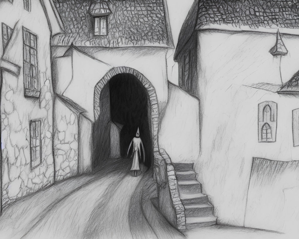 Cloaked figure walking through arched gateway in old stone village