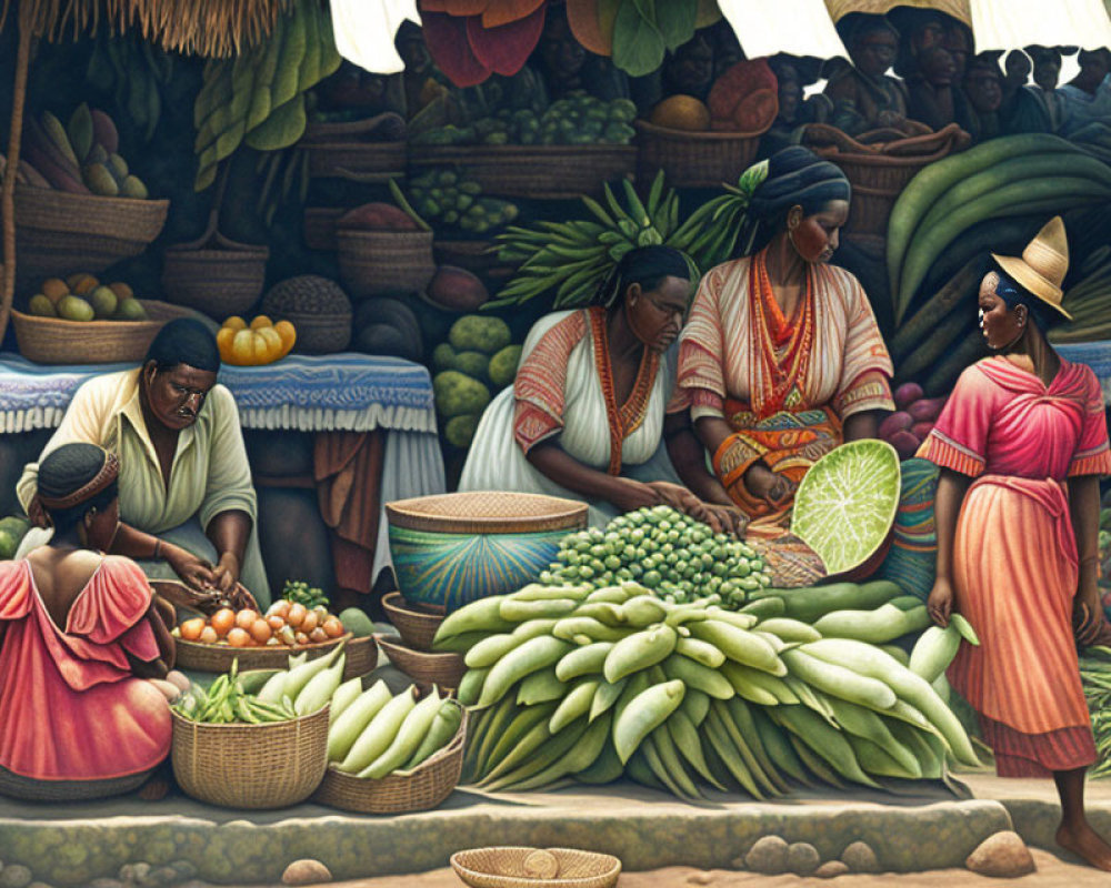 Vibrant Market Scene with Women in Traditional Attire and Fresh Produce