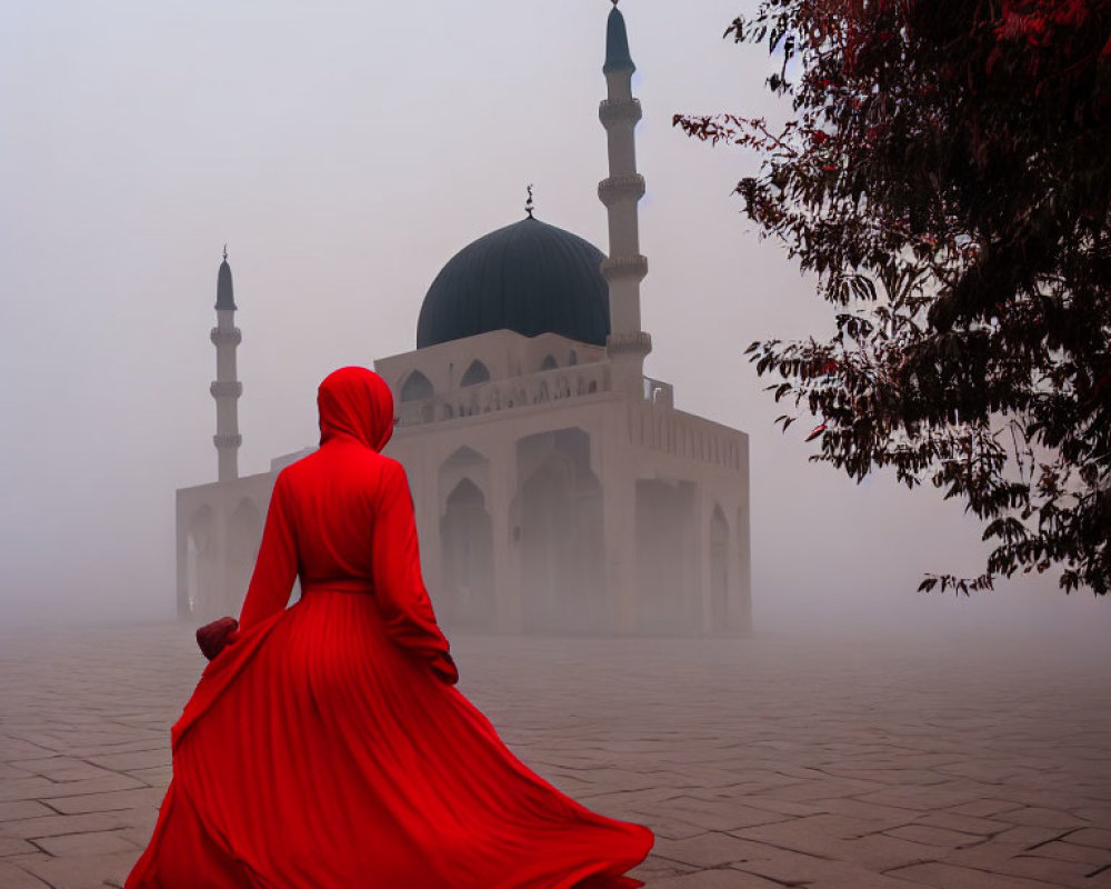 Person in red dress at misty mosque with green dome and minarets in foggy landscape