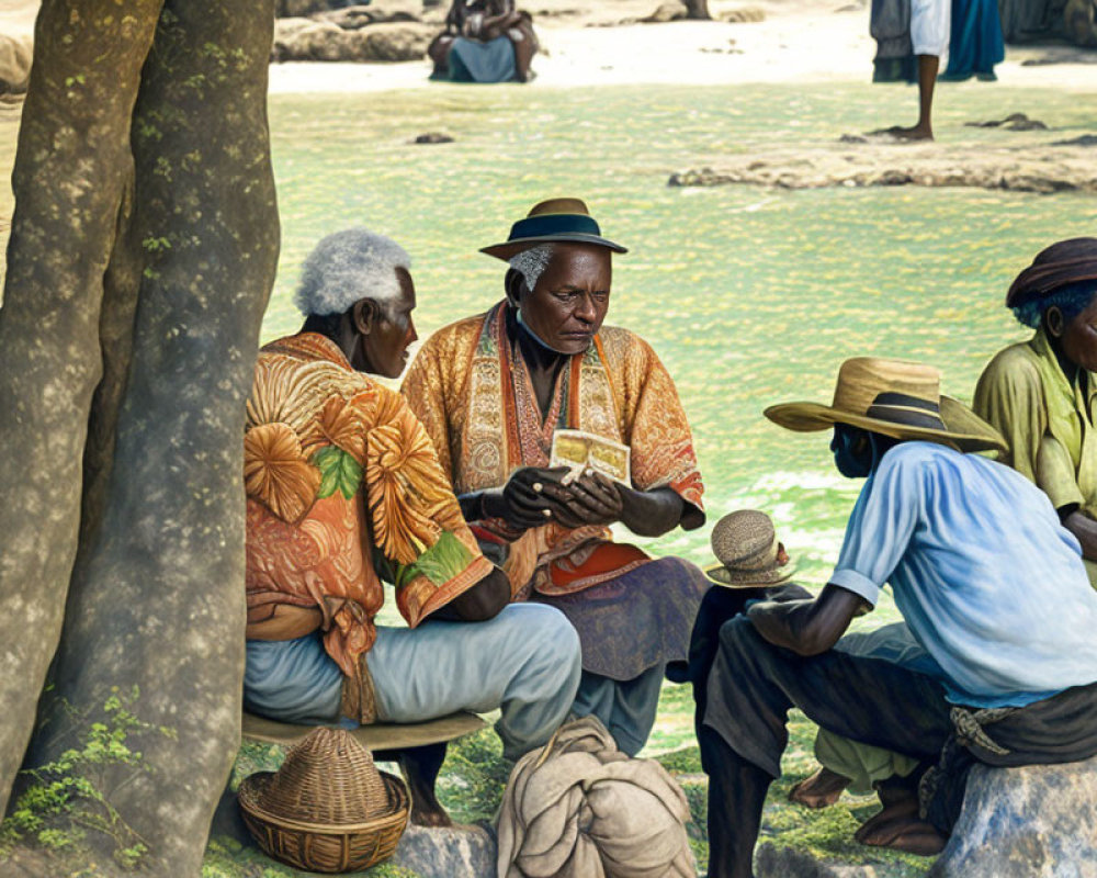 Elderly Men Playing Card Game Outdoors surrounded by Greenery