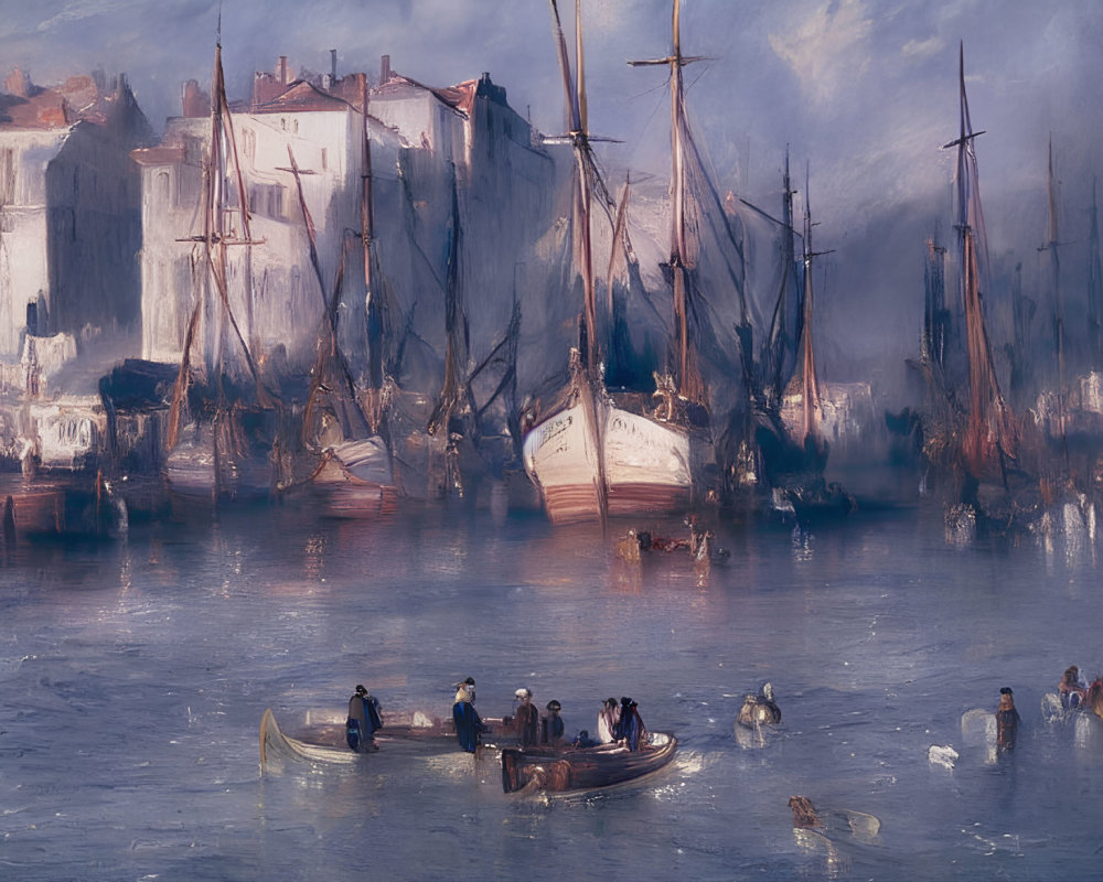 Harbor scene with boats, figures, reflections, soft light, sailboats, rowboats, and