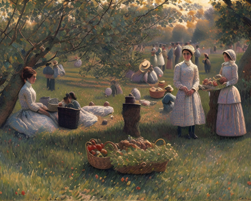 19th-Century Painting: Apple Harvesting Scene with Women in Bonnets