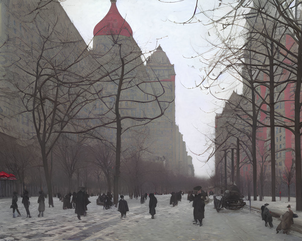 Pedestrians and Horse-Drawn Carriage in Misty Street Scene