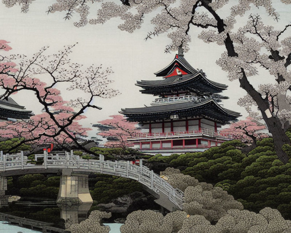 Japanese Pagoda and Curved Bridge in Cherry Blossom Setting