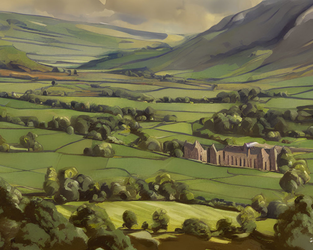 Lush Green Fields, Rustic Abbey, and Rolling Hills in Dramatic Landscape