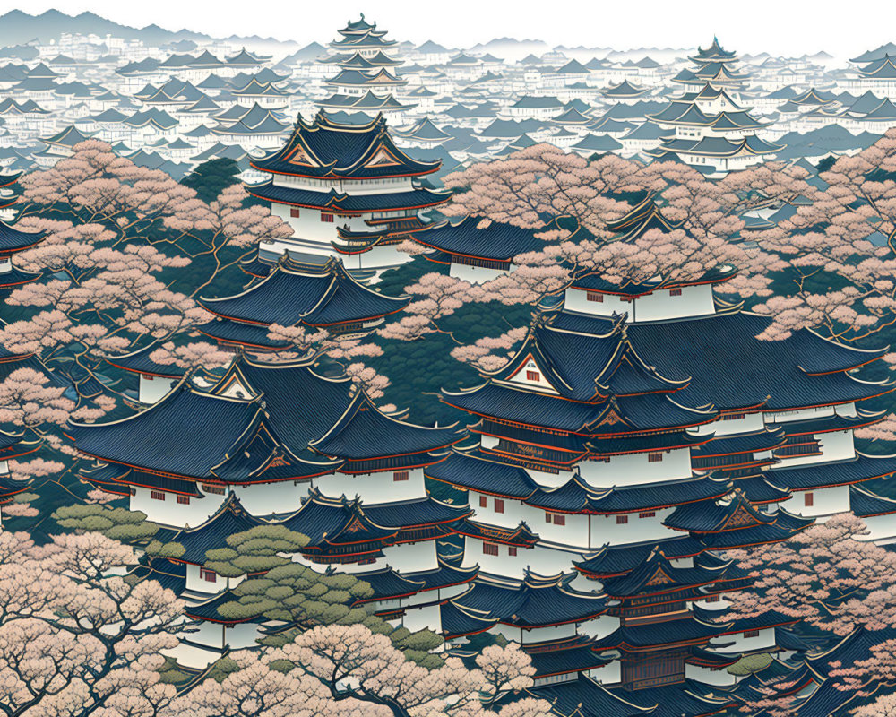 Detailed Japanese landscape with pagodas and cherry blossoms.