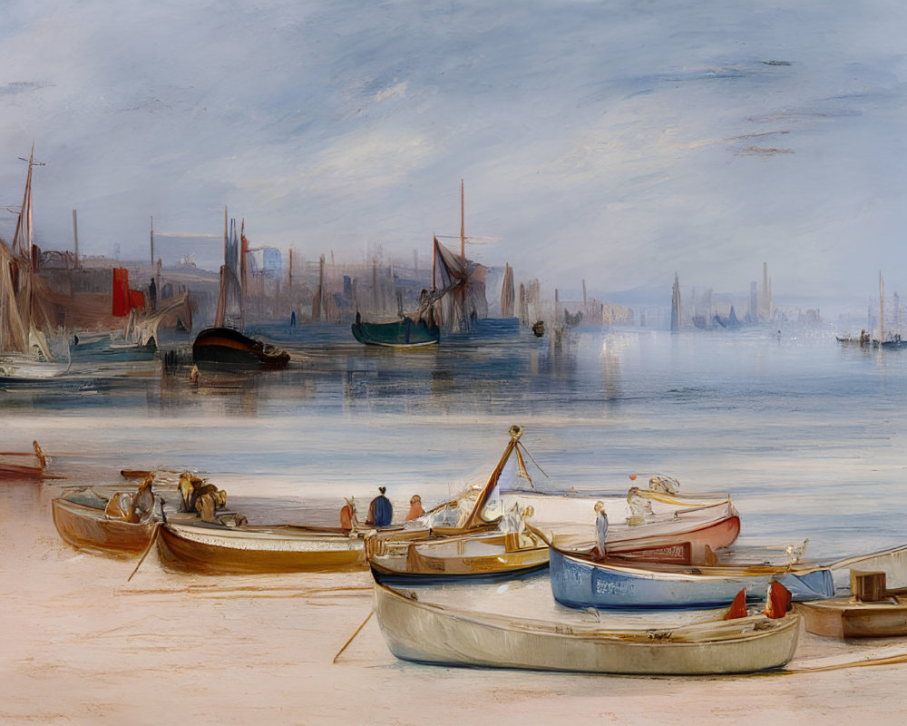 Tranquil maritime scene with boats on calm water and cityscape in distance