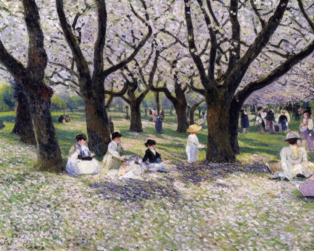 Cherry Blossom Painting with People in Serene Orchard