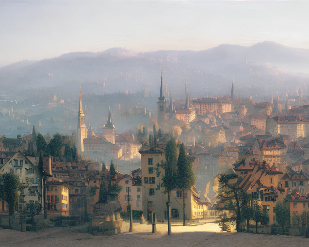 European Town Sunrise Over Misty Hills