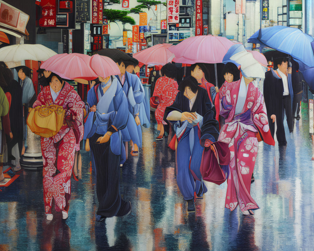 Colorfully dressed people in Japanese kimonos stroll under umbrellas on a vibrant, rainy street.