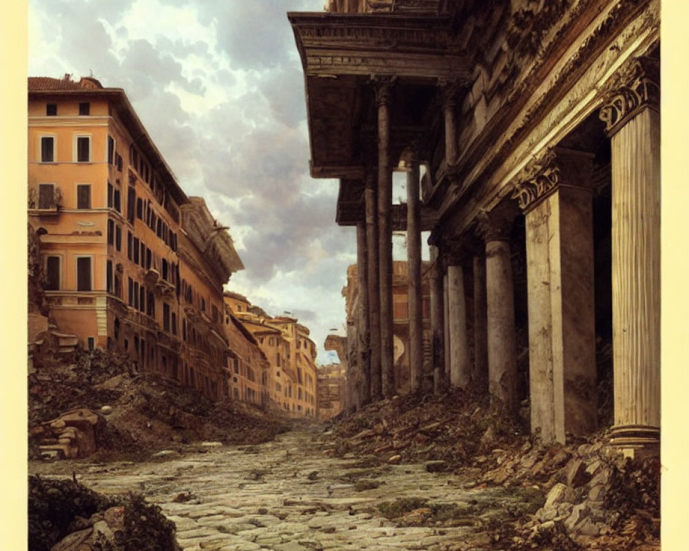 Urban scene with damaged classical buildings and debris on cobblestone streets