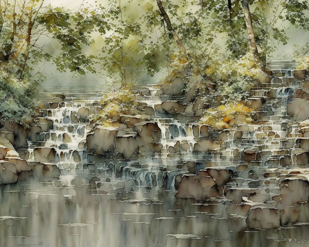 Serene waterfall scene with autumn trees in watercolor