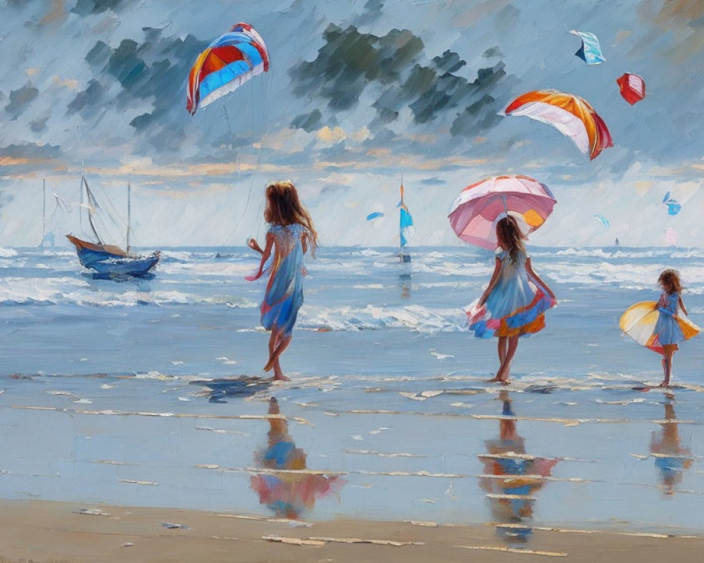 Three girls with colorful parasols on a beach with kites and boats under a cloudy sky