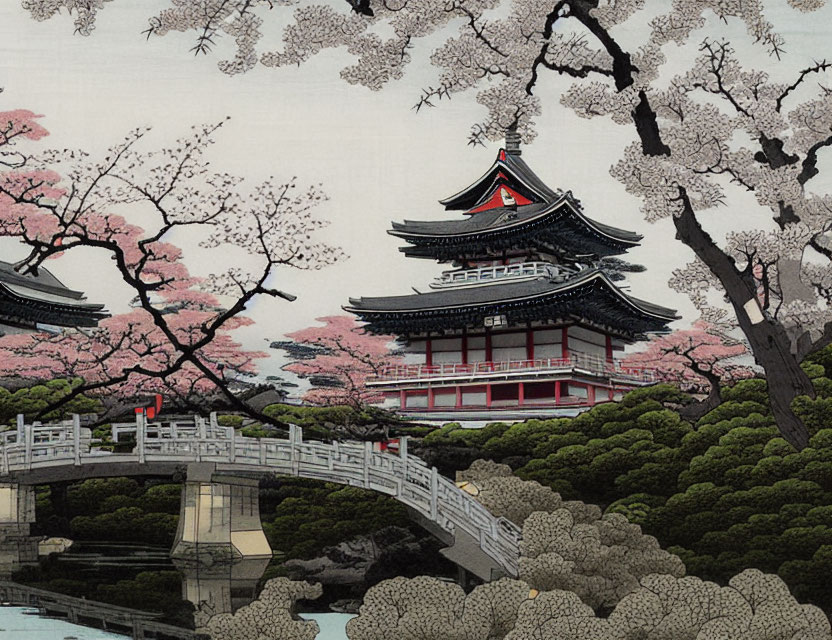 Japanese Pagoda and Curved Bridge in Cherry Blossom Setting