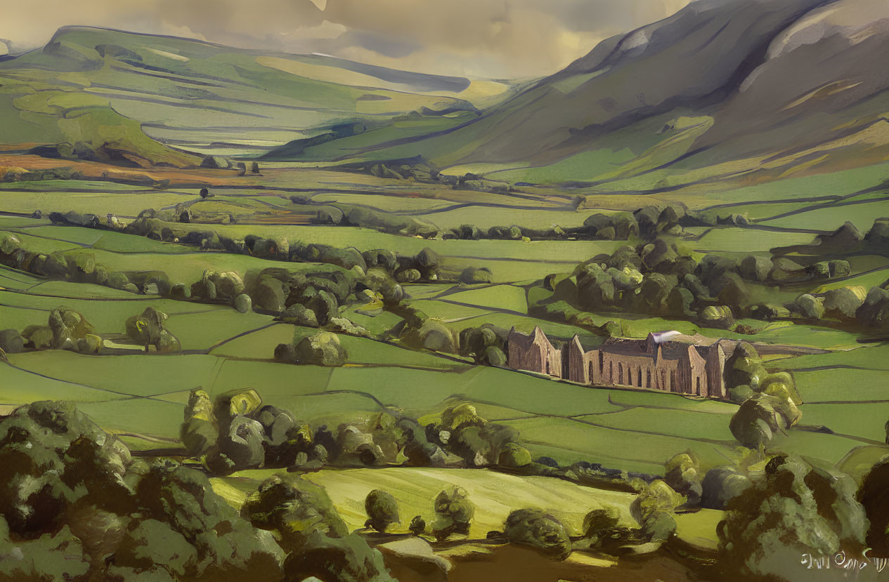 Lush Green Fields, Rustic Abbey, and Rolling Hills in Dramatic Landscape