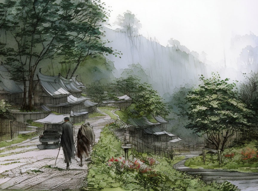 Idyllic village with traditional houses in misty forest landscape