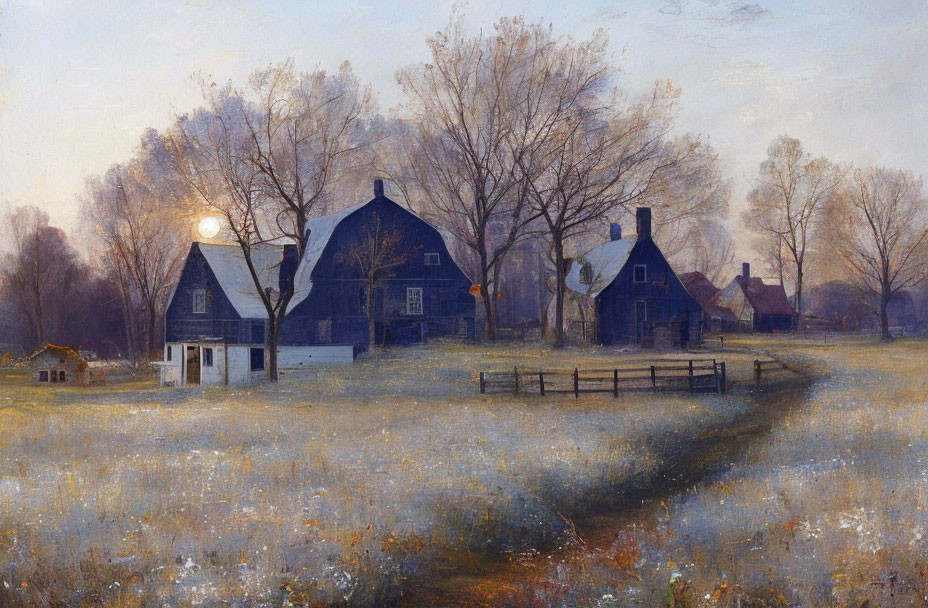 Rural landscape painting: twilight, silhouette houses, barren trees