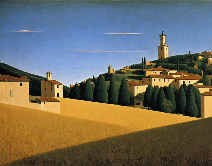 Tranquil landscape painting: rolling hills, cypress trees, buildings, watchtower, clear sky