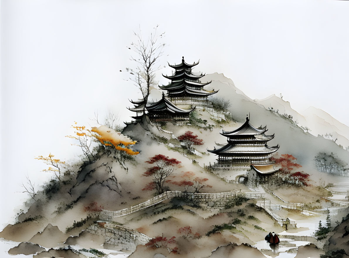 East Asian ink wash painting: Pagodas in misty mountainside with figure.