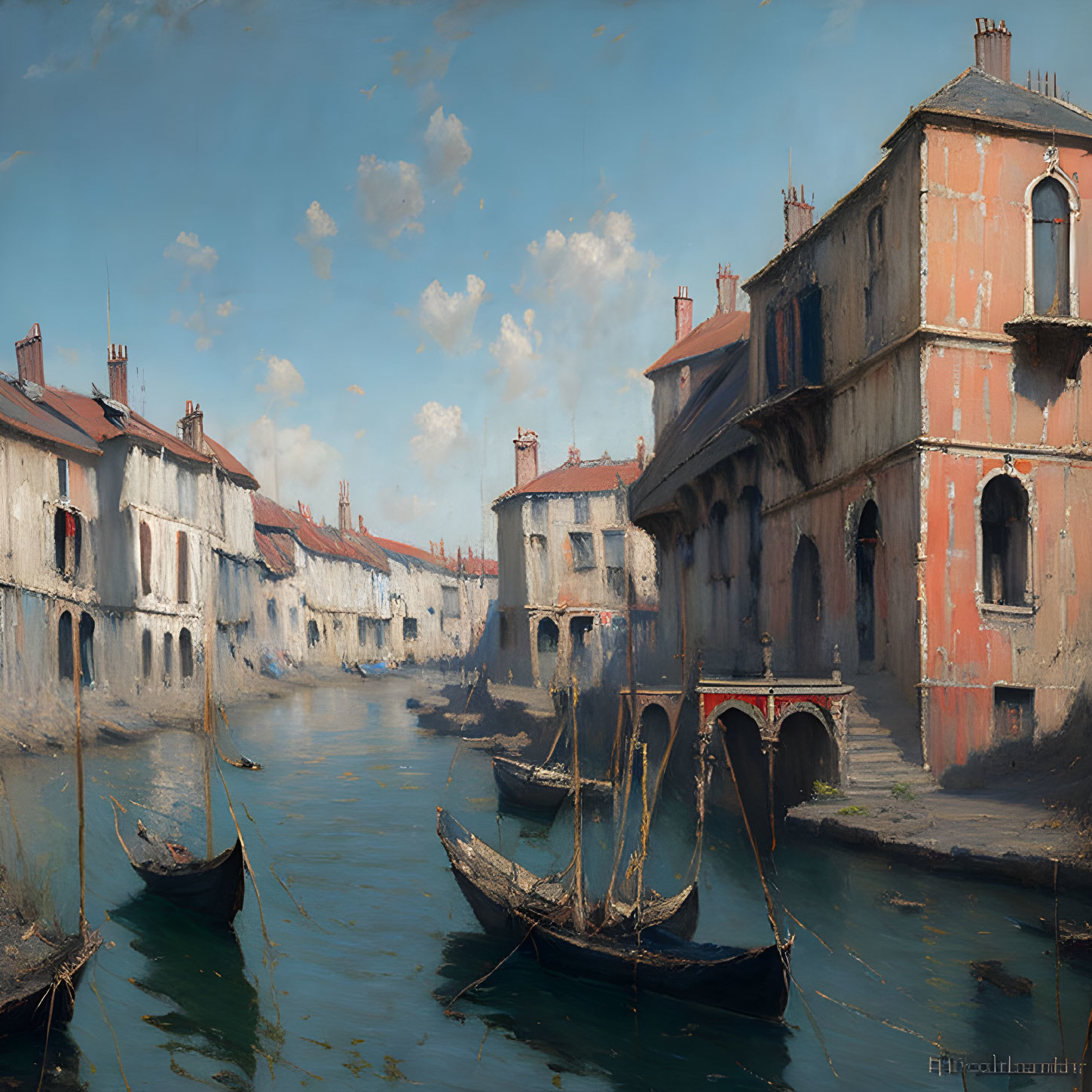 Tranquil canal scene with gondolas and old buildings under blue sky