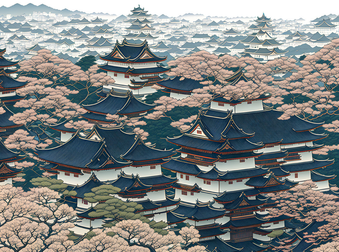 Detailed Japanese landscape with pagodas and cherry blossoms.