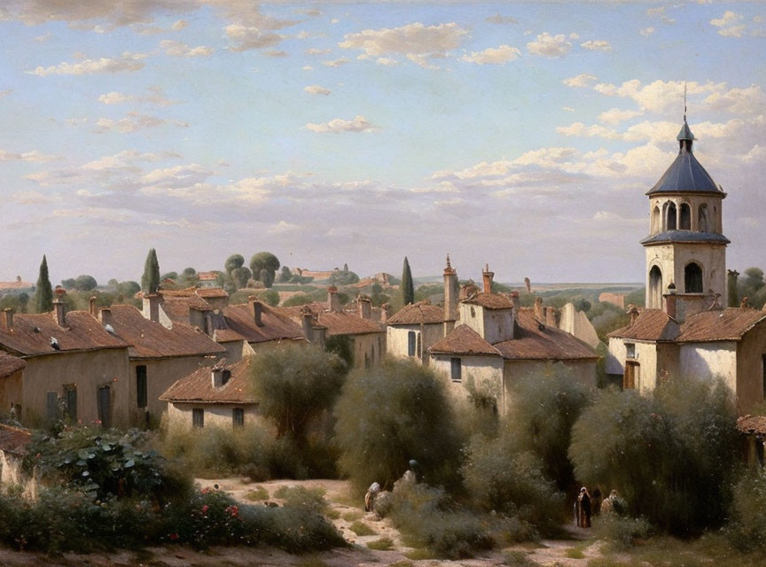 Tranquil village landscape with bell tower and figures