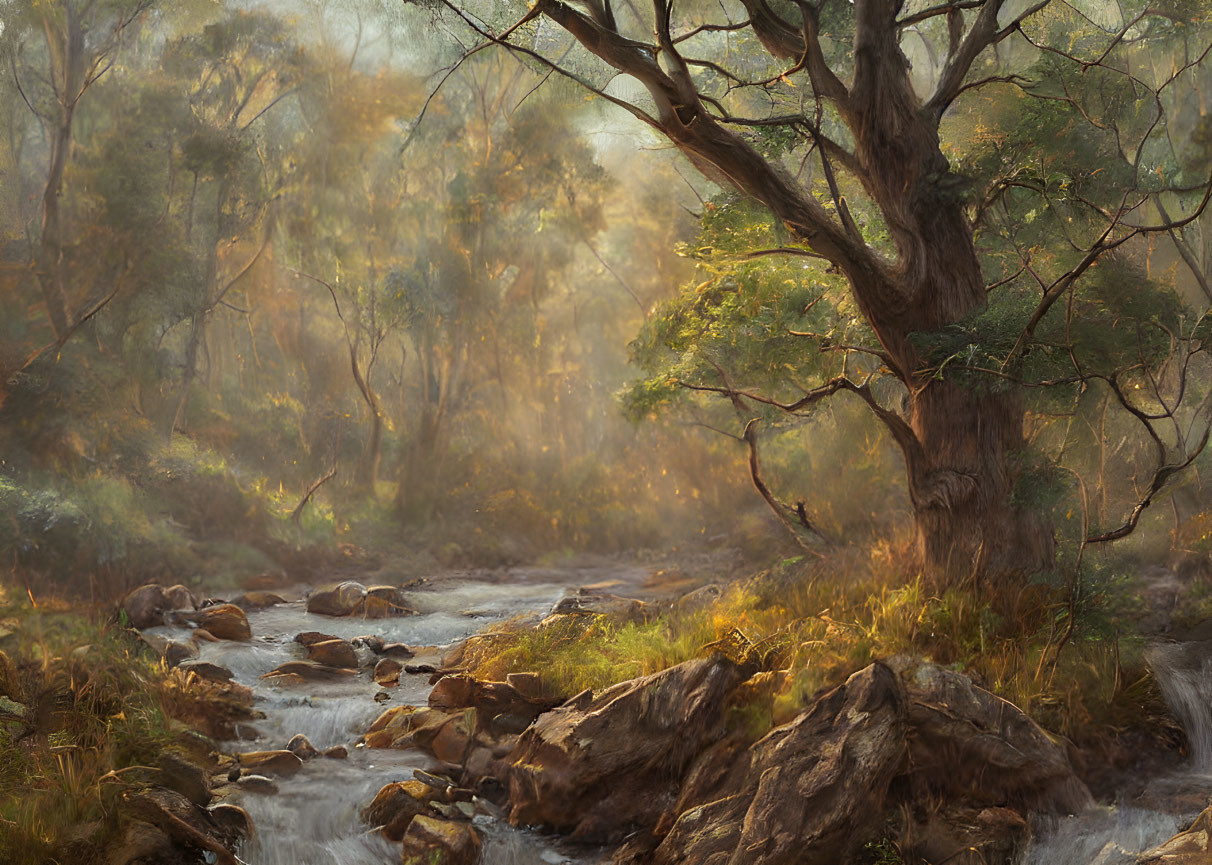 Tranquil woodland landscape with sunlit stream and lush trees