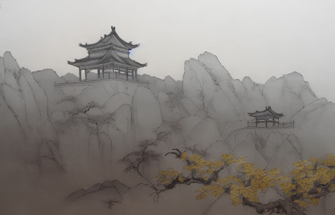 East Asian Ink Wash Painting: Mountains, Pagodas, Cliffs, Trees