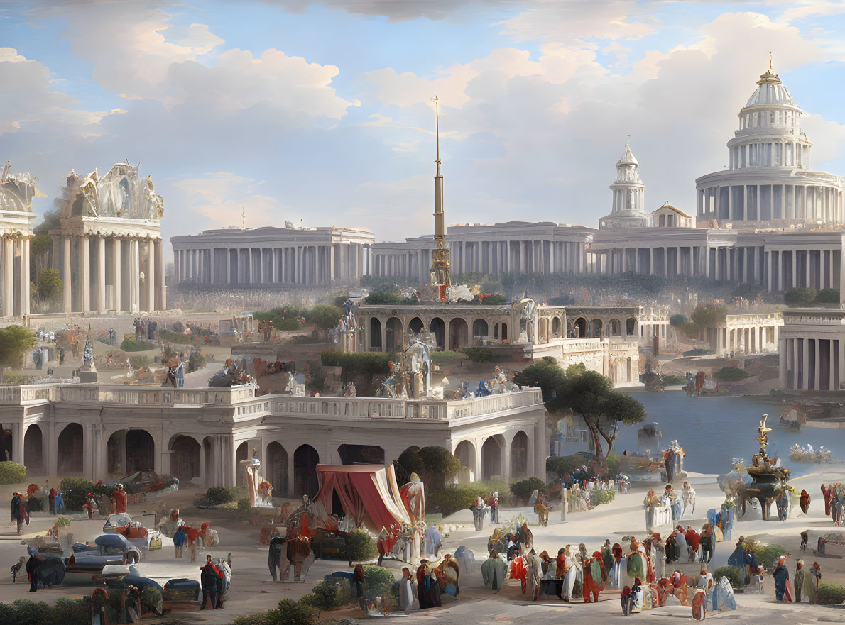 Ancient cityscape with grand buildings, statues, and bustling residents