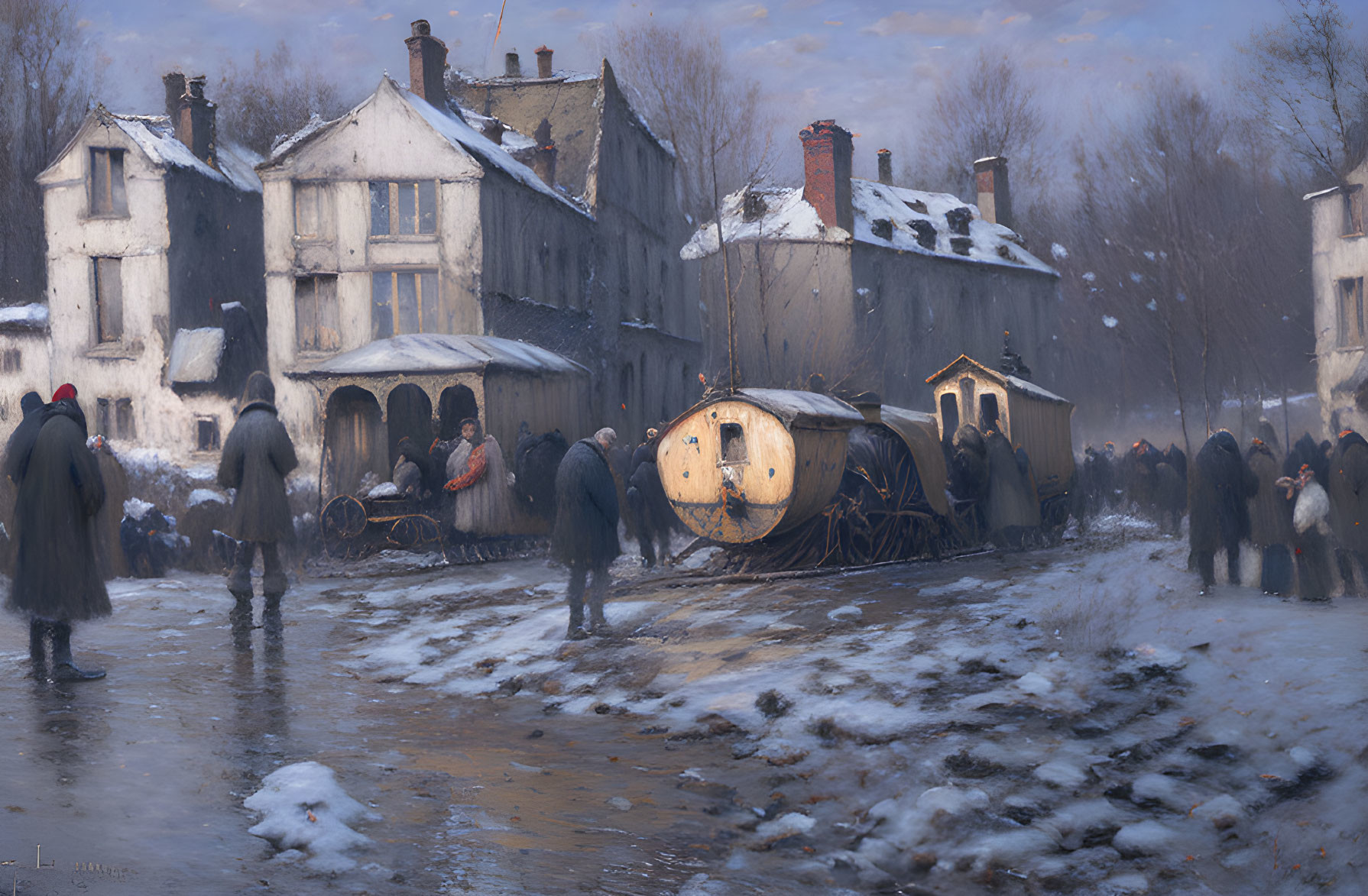 Snowy village scene with townsfolk and wooden structure on wheels in winter.