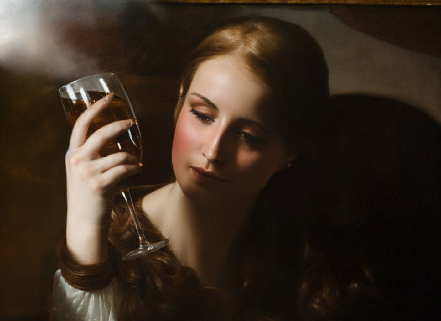 Serene woman with braided hair holding wine glass in vintage setting