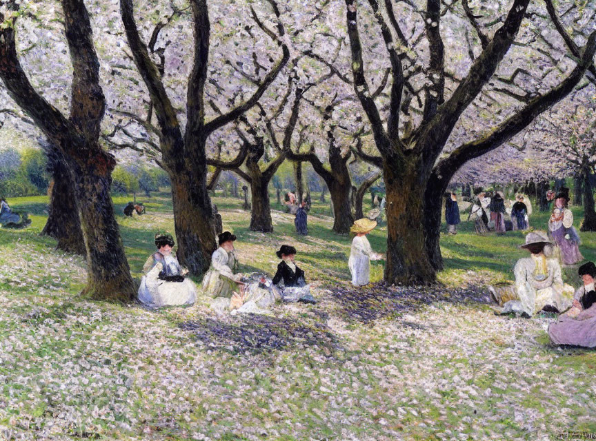 Cherry Blossom Painting with People in Serene Orchard