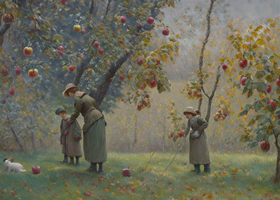 Tranquil orchard scene with three people and a dog harvesting ripe apples