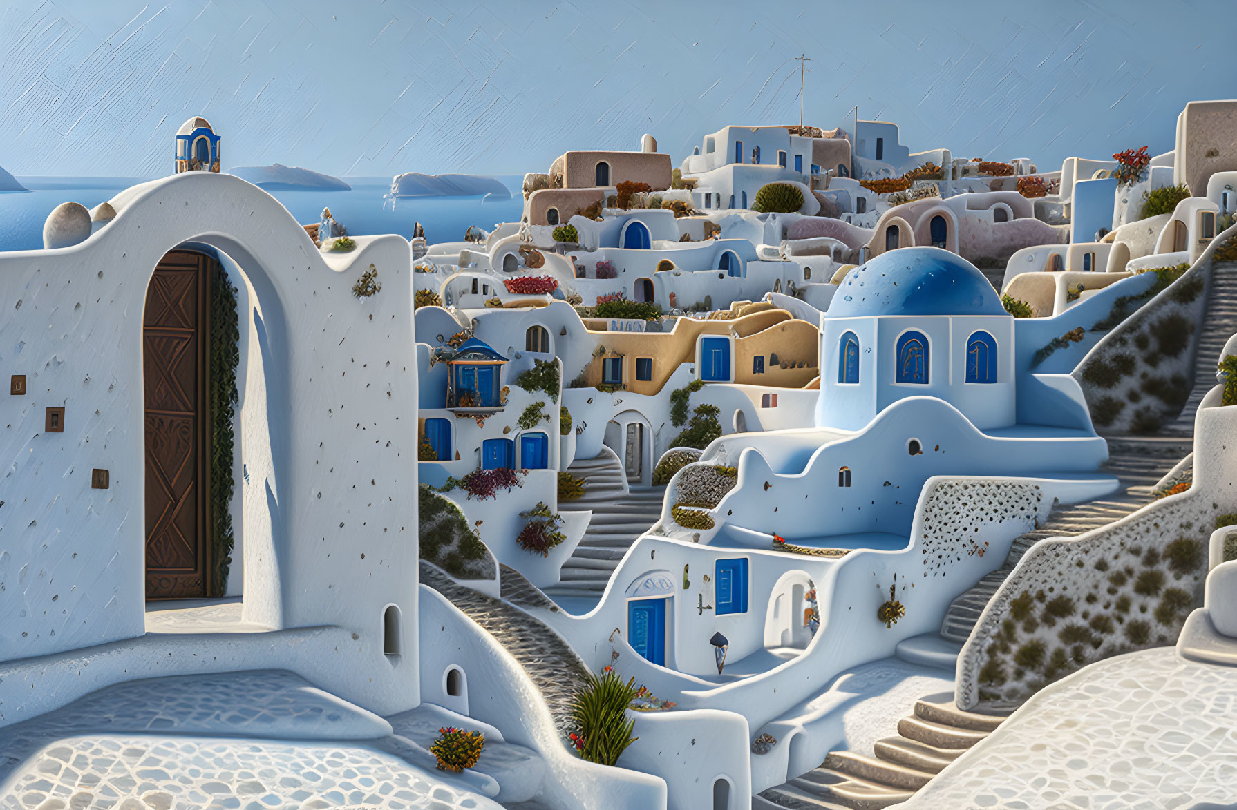 Snow-covered Santorini with blue-domed buildings in festive winter scene