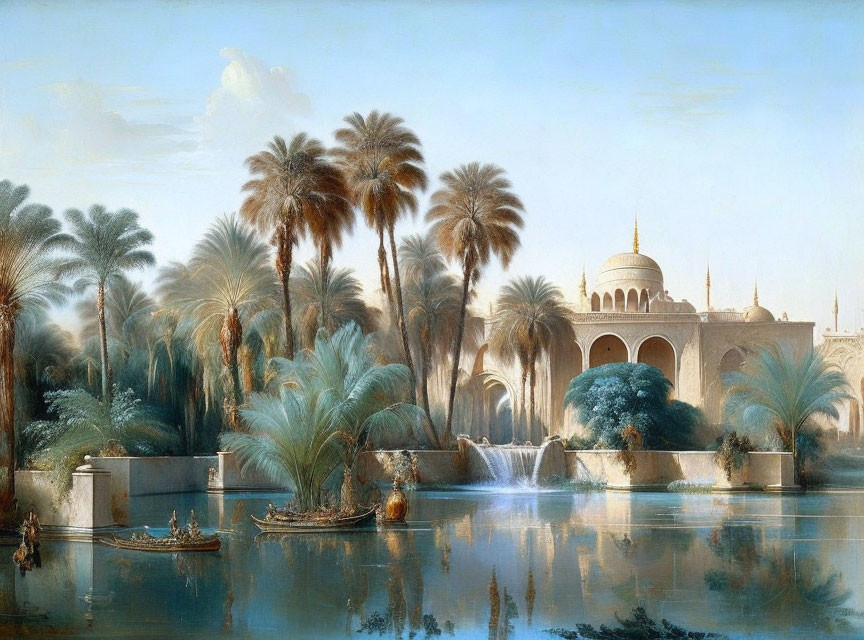 Serene Orientalist landscape with lake, boats, waterfalls, palm trees, and domed palace