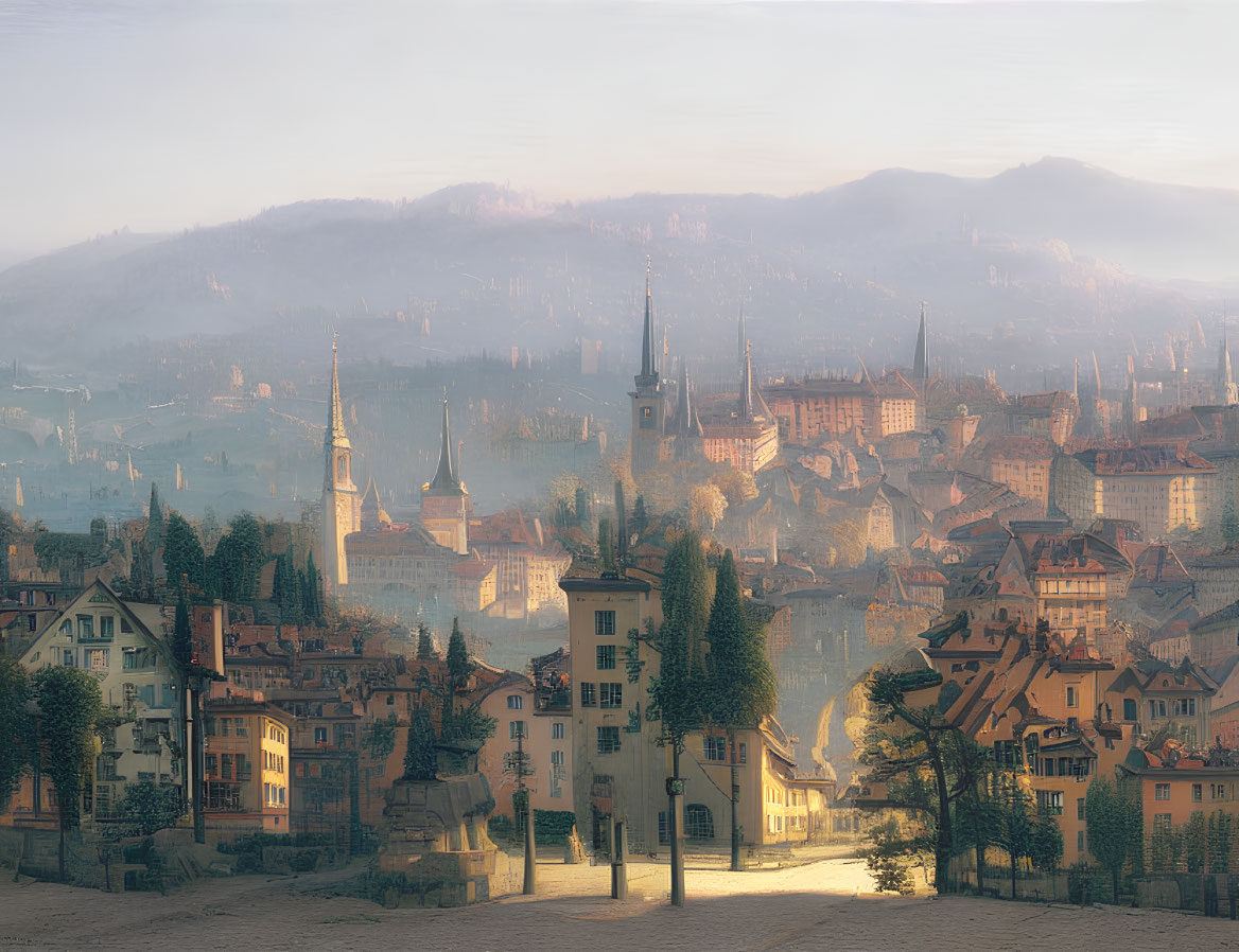 European Town Sunrise Over Misty Hills