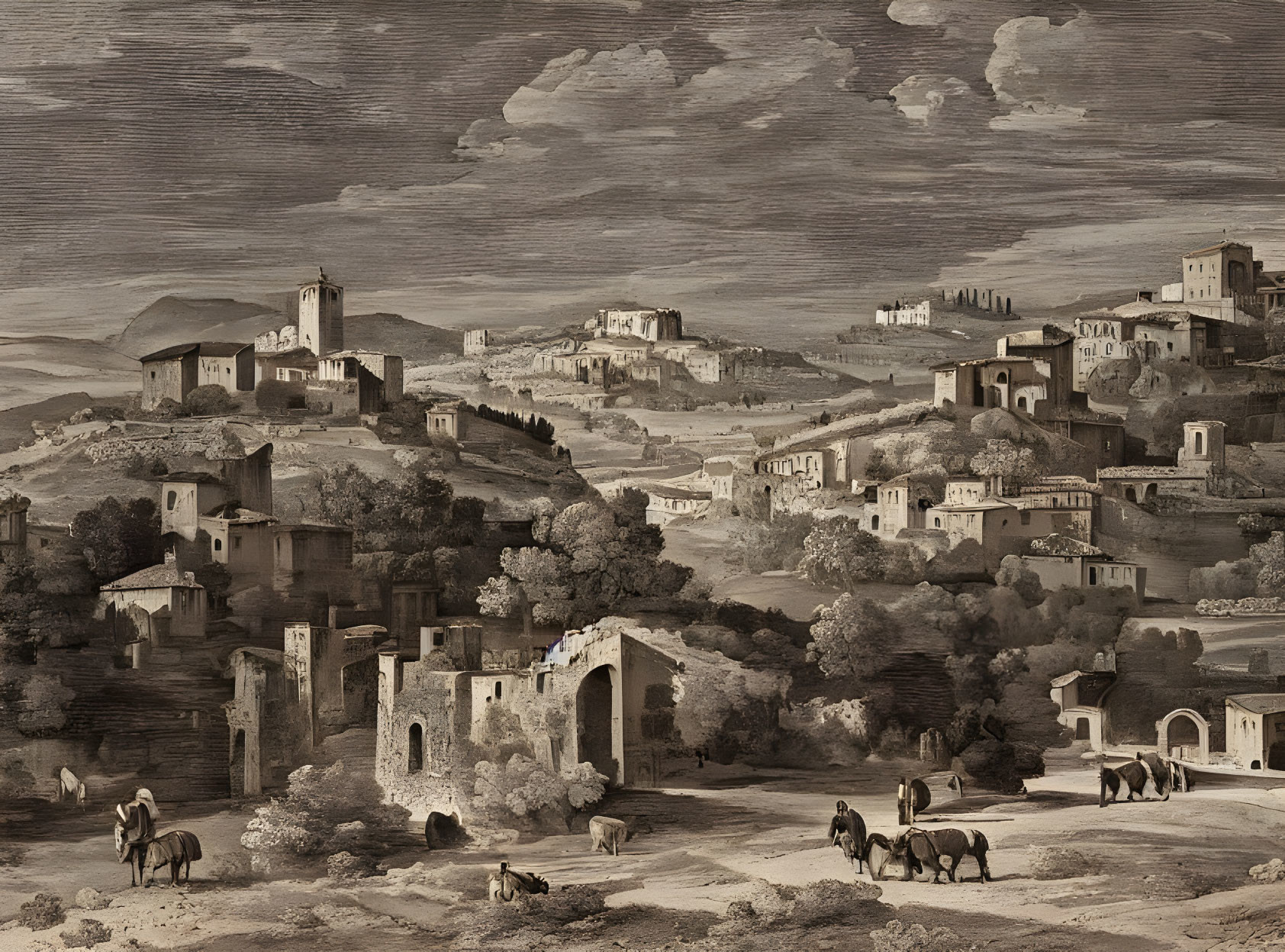 Etching of rolling landscape with classical ruins, buildings, and figures on horseback