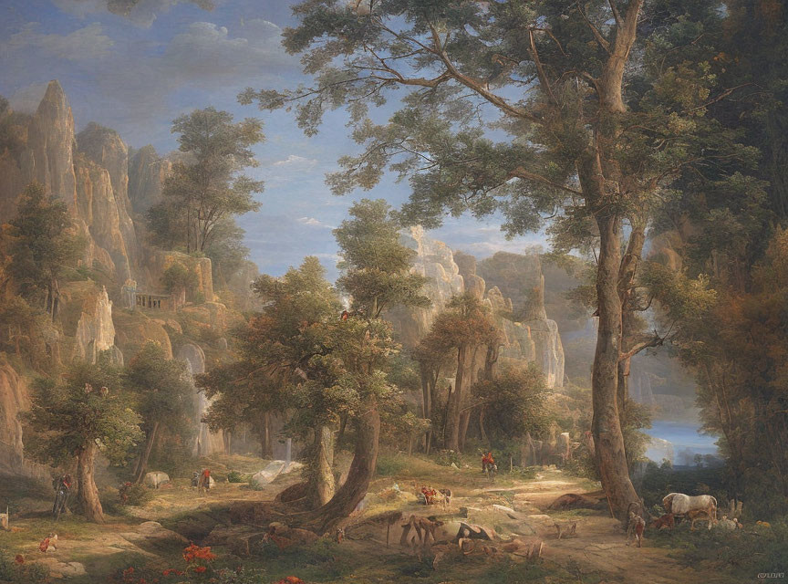 19th-Century Landscape Painting with Cliffs, Trees, Figures, and River