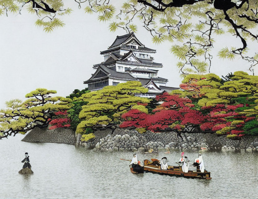 Japanese Castle Surrounded by Autumn Foliage and Cherry Blossoms