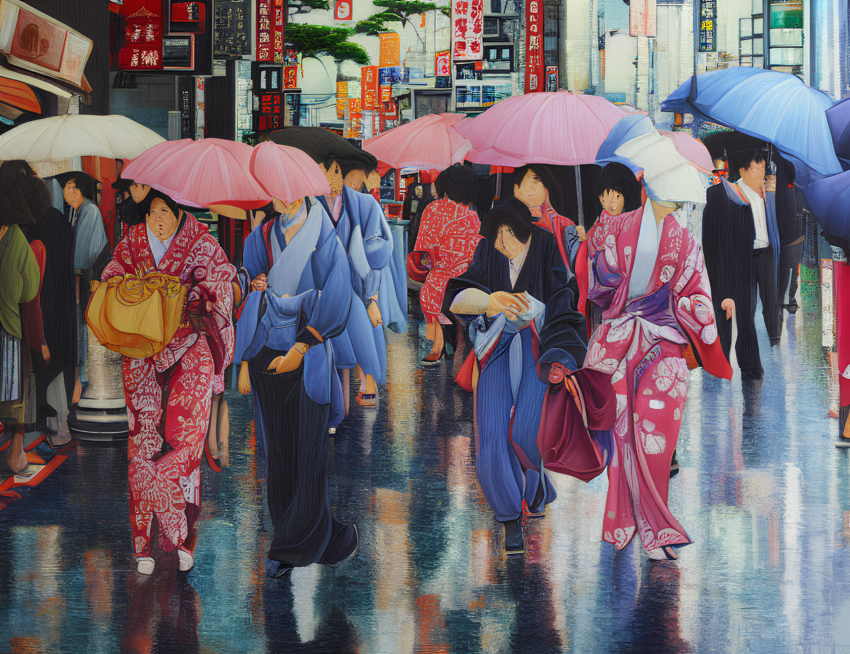 Colorfully dressed people in Japanese kimonos stroll under umbrellas on a vibrant, rainy street.