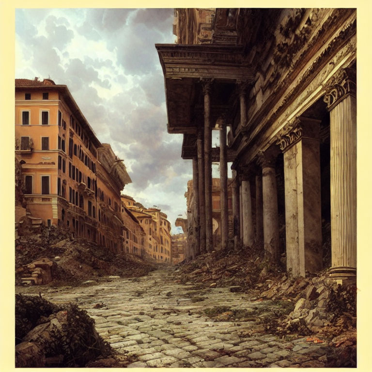 Urban scene with damaged classical buildings and debris on cobblestone streets