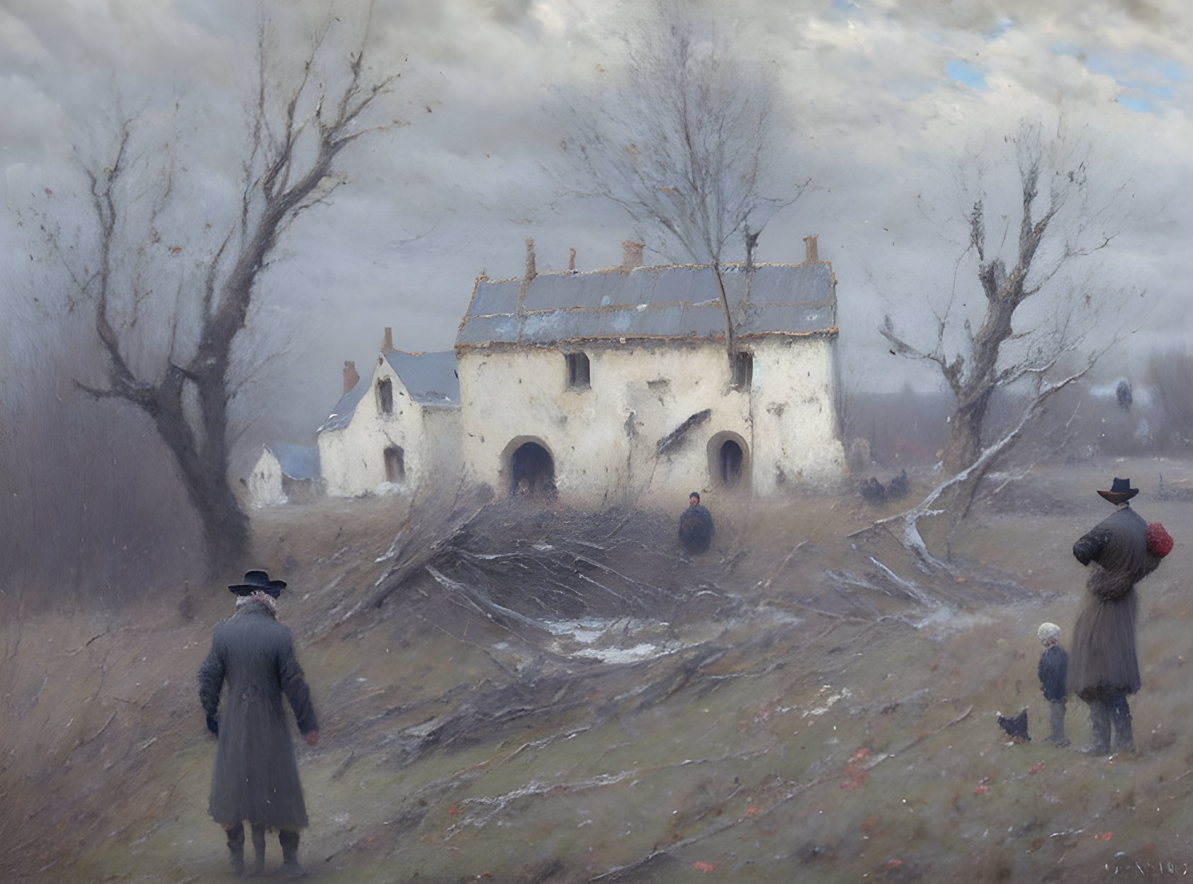 Ethereal painting of desolate landscape with dilapidated house and ghostly figures