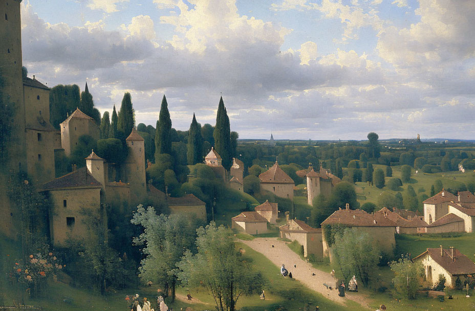 Tranquil village landscape with houses, trees, and people under a cloudy sky