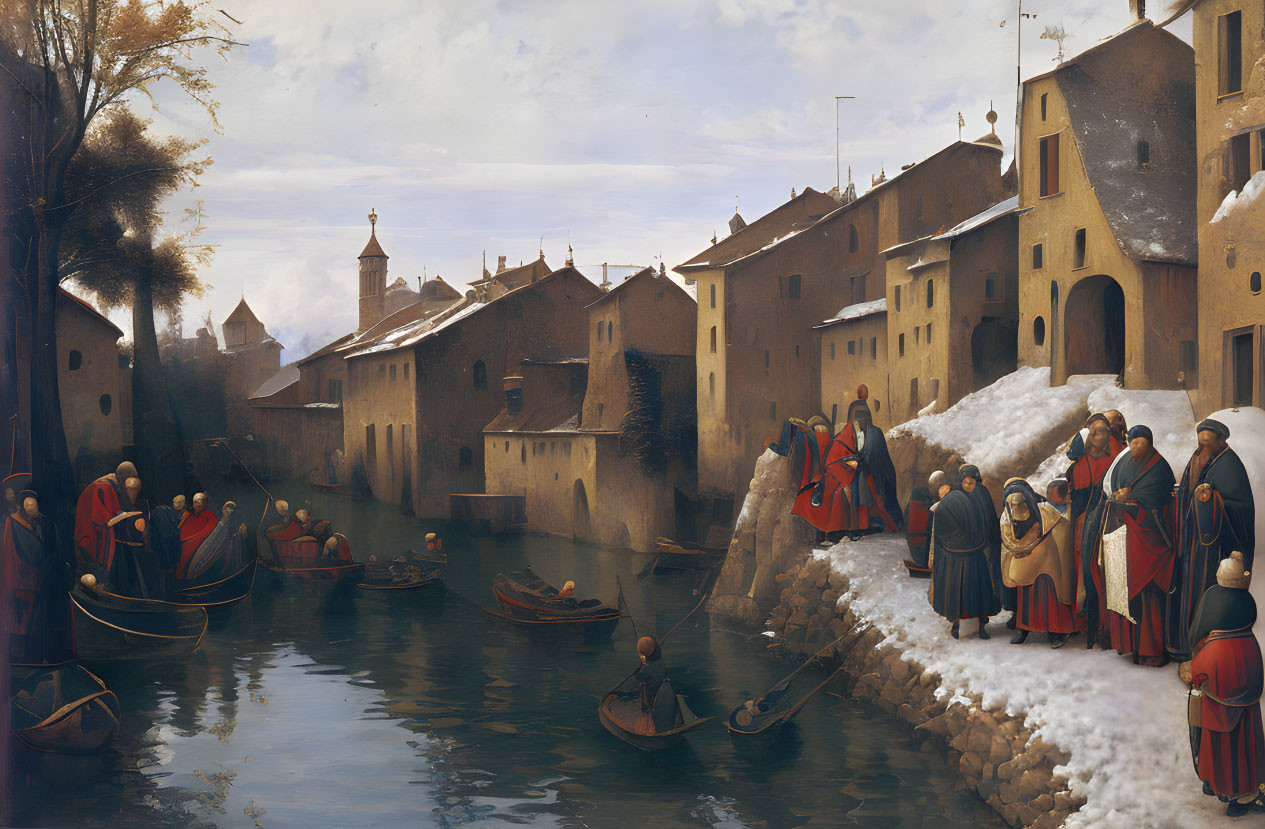 Historical painting: People in red cloaks on snowy riverbank