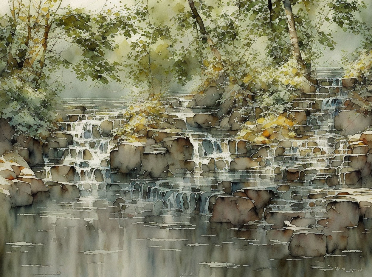 Serene waterfall scene with autumn trees in watercolor