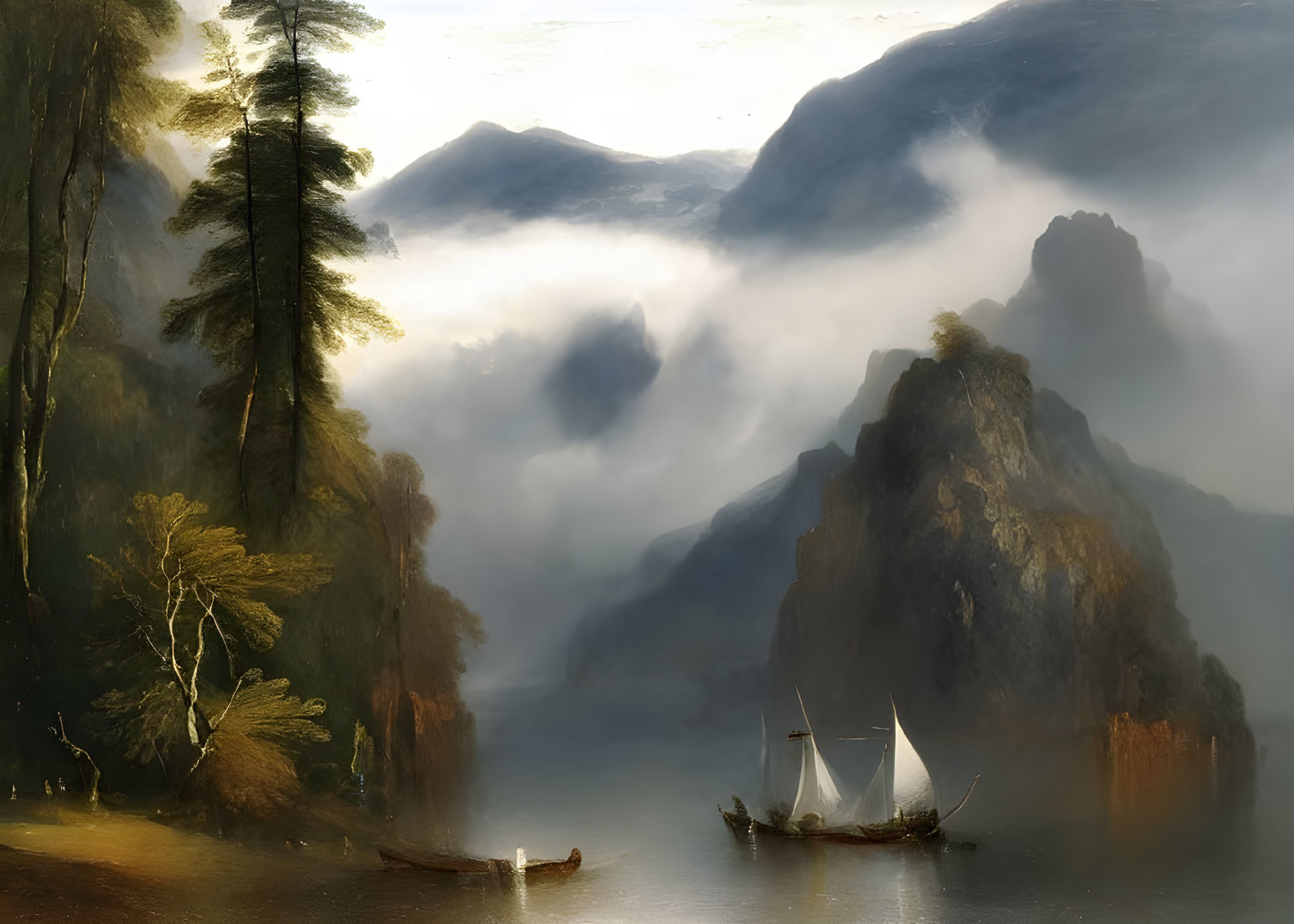 Tranquil landscape: sailing boat, misty mountains, luminous sky, silhouetted