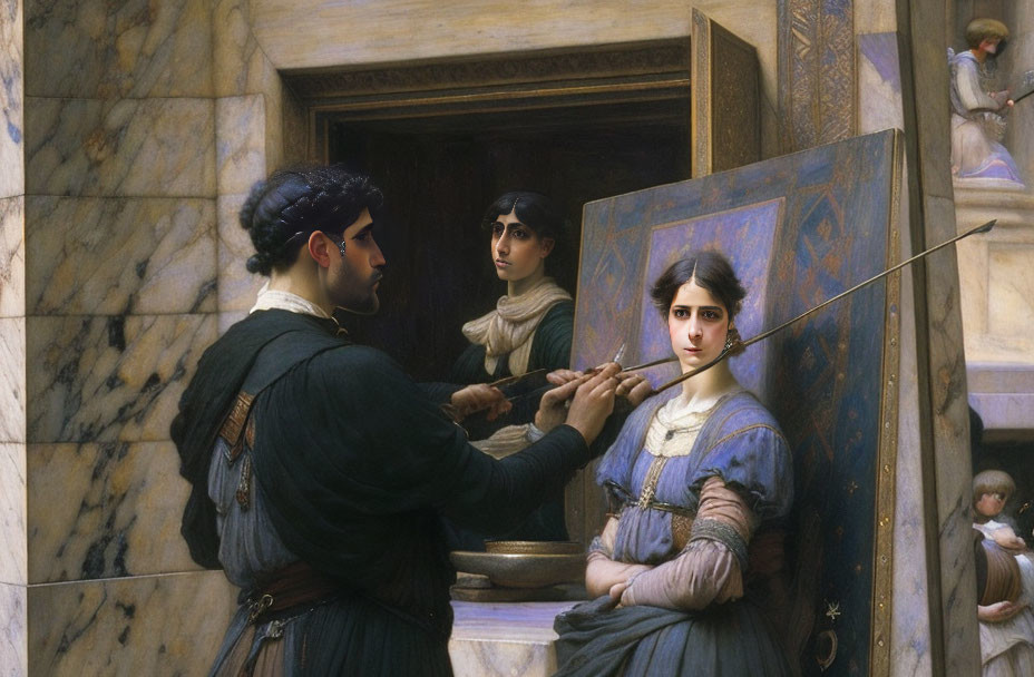 Classic painting of man measuring woman's finger for ring, with another woman looking.