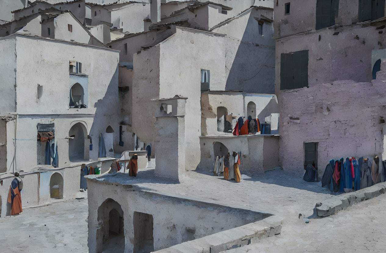 Traditional sunlit village with white & pink buildings and clothes drying