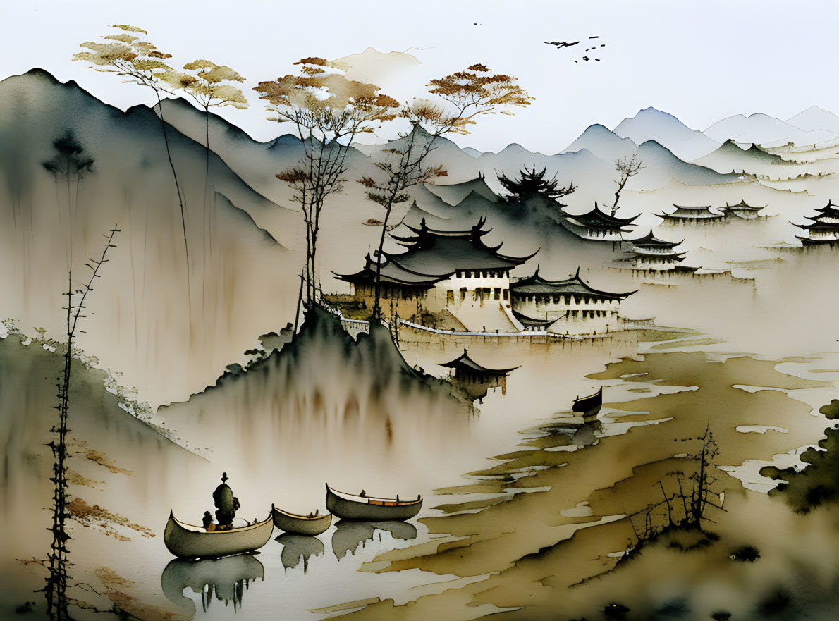 Asian Landscape Painting: Misty Mountains, Pagodas, Trees, Boats, and Birds