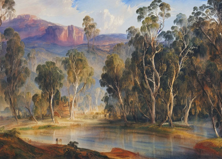 Tranquil river landscape with gum trees and mountain backdrop